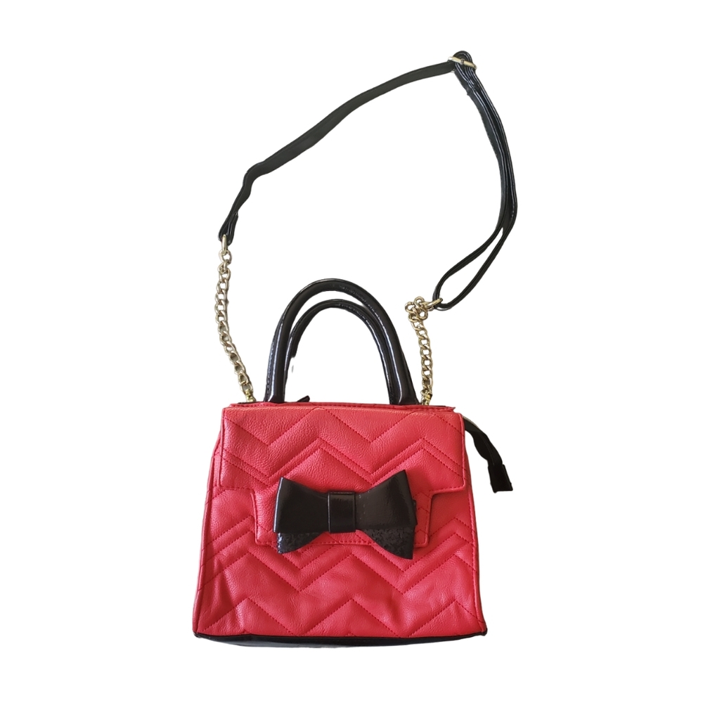 BETSEY JOHNSON | Zig Zag Pattern Sparkle Black Bow Gold Chain Crossbody Handbag - Picture 3 of 16